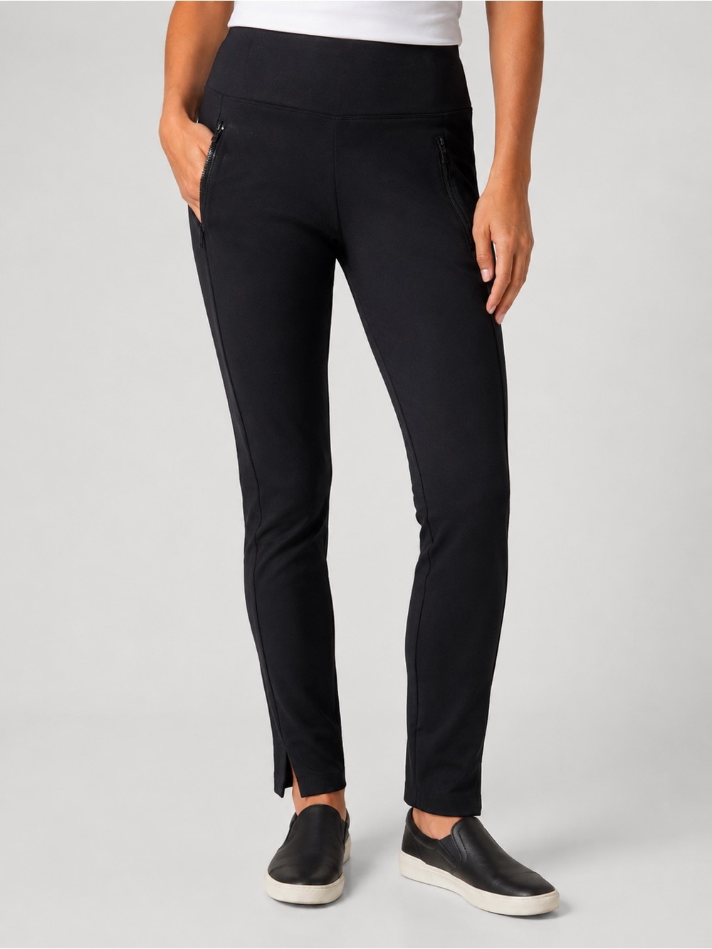 Athleta Stellar Tight Pants M Black Travel Commuter Ponte Stretch Zip Pocket